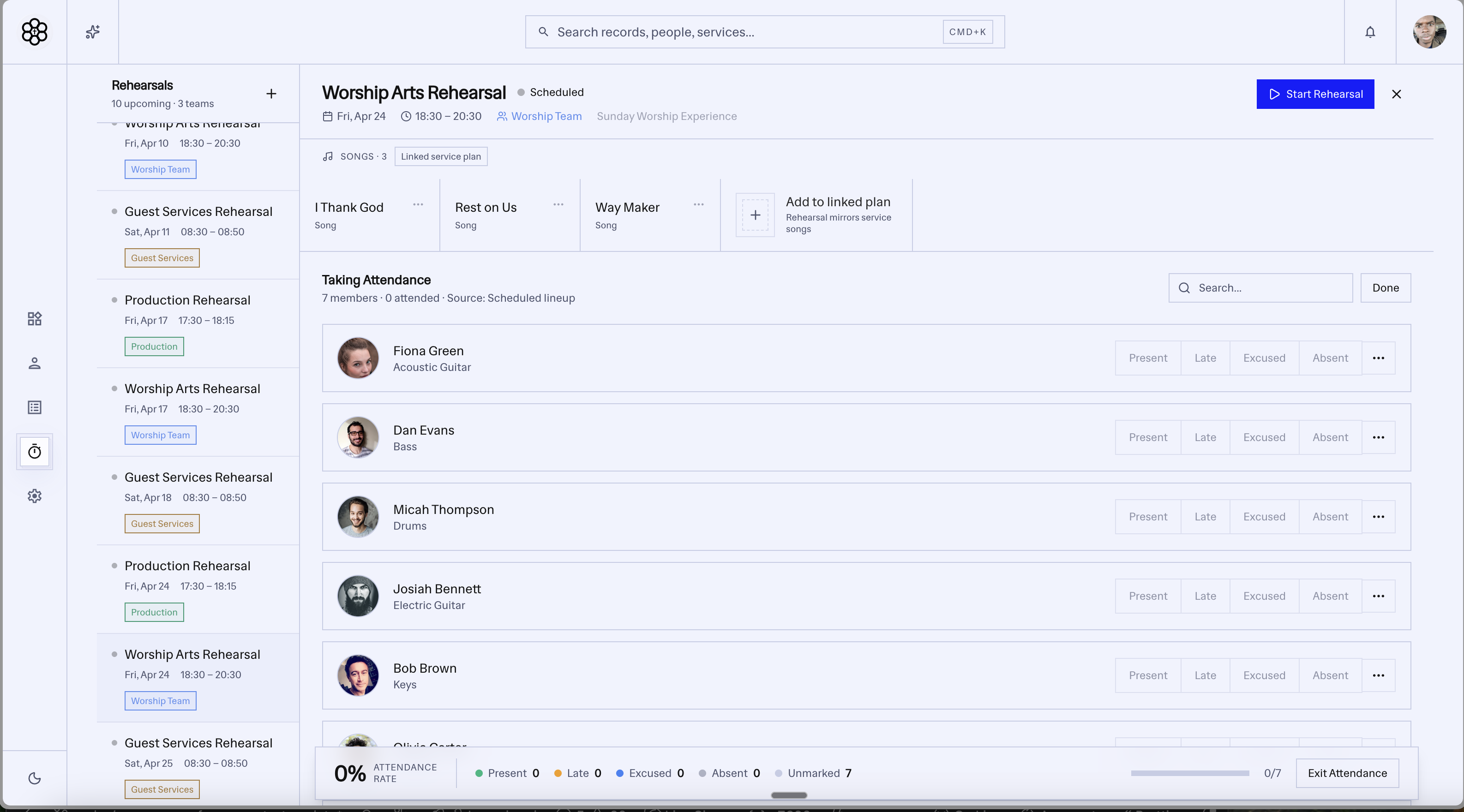 CHOS musicians and rehearsal dashboard